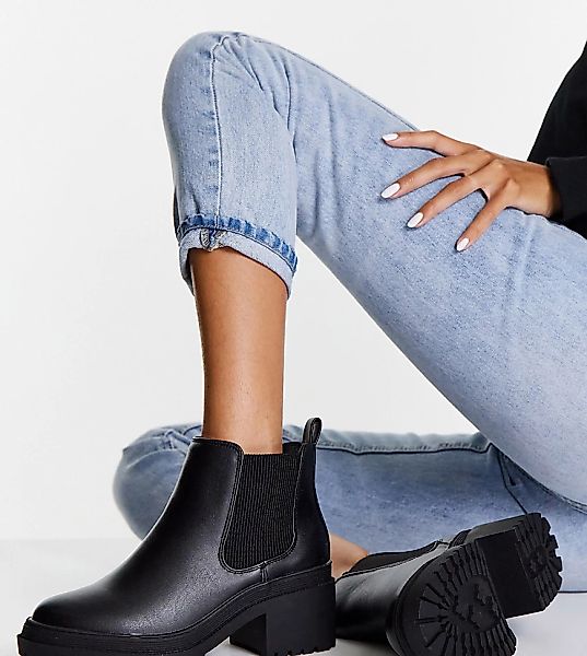 New Look – Wide Fit – Flache Chelsea-Stiefel in Schwarz mit dicker Sohle günstig online kaufen