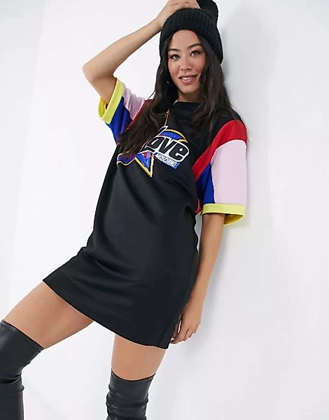 Love Moschino – Schwarzes T-Shirt-Kleid mit Farbblockdesign günstig online kaufen