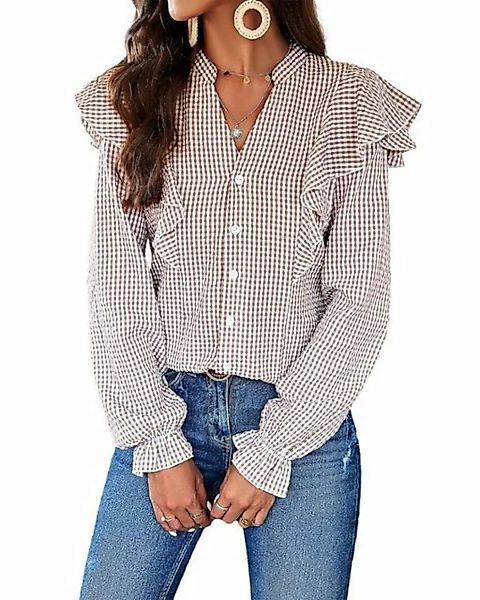 B.X Blusentop Frauen Plaid Shirt geraffte V-Ausschnitt Langarmhemd Rüschenb günstig online kaufen
