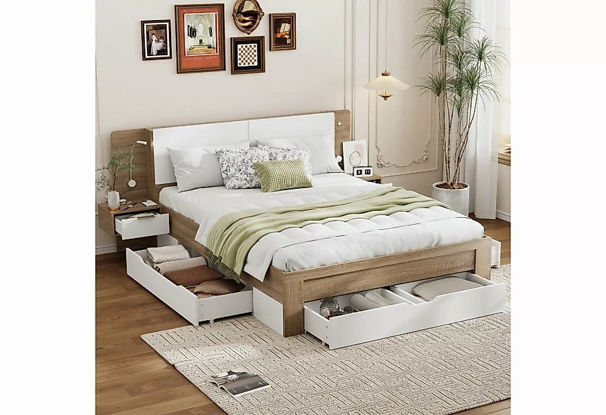 REDOM Holzbett mit 2 LED Nachtkommoden, Paneelbett mit mehreren Schubladen günstig online kaufen