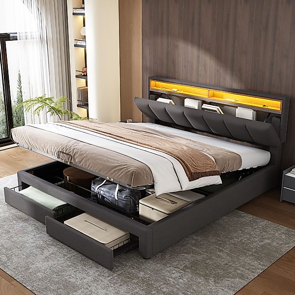 HAUSS SPOLE Polsterbett 160*200cm mit LED-Beleuchtung,Schubladen günstig online kaufen