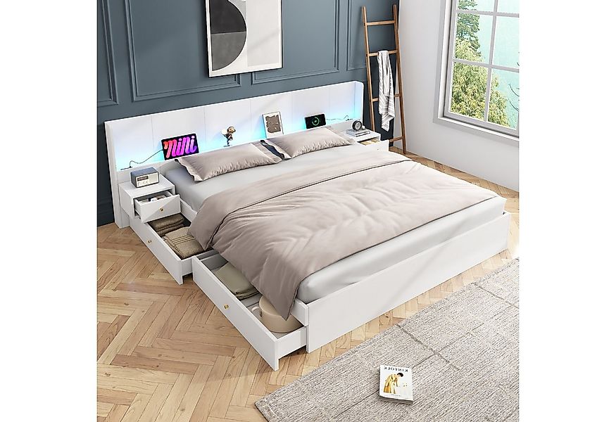 Flieks Holzbett, LED Doppelbett 180x200cm mit Aufladen 2 Nachttische und 2 günstig online kaufen