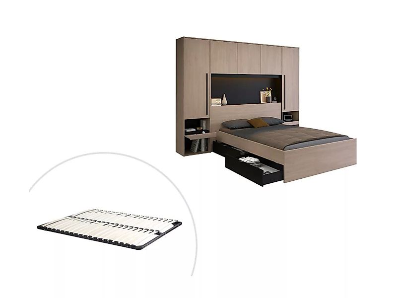 Bett mit Stauraum & LEDs + Lattenrost - 140 x 190 cm - Naturfarben & Schwar günstig online kaufen
