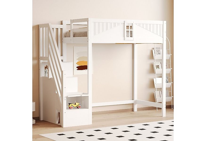Flieks Hochbett Kinderbett 90x200cm mit Stauraumtreppe (Links und Rechts Au günstig online kaufen
