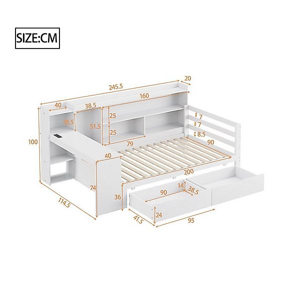 Flieks Massivholzbett, Daybett Kinderbett 90x200cm mit Schreibtisch Steckdo günstig online kaufen