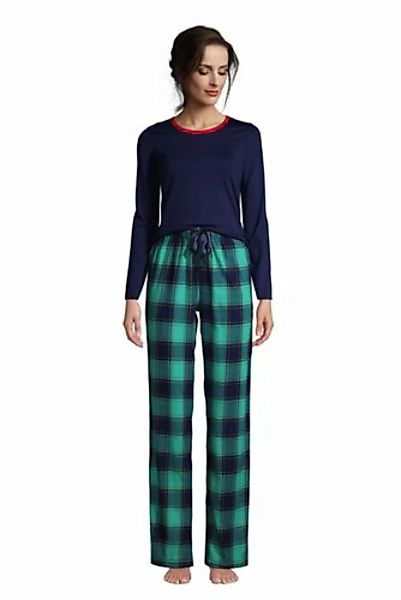 Flanell Pyjama-Set mit gemusterter Hose, Damen, Größe: 48-50 Normal, Blau, günstig online kaufen