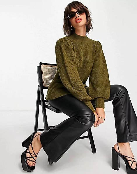 Y.A.S – Abbia – Hochgeschlossener Pullover in Khaki mit voluminösen Ärmeln- günstig online kaufen