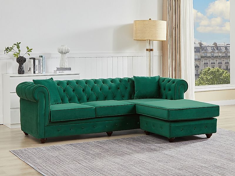 Chesterfield Ecksofa - Ecke wechselbar - Samt - Grün - TOLEDO günstig online kaufen