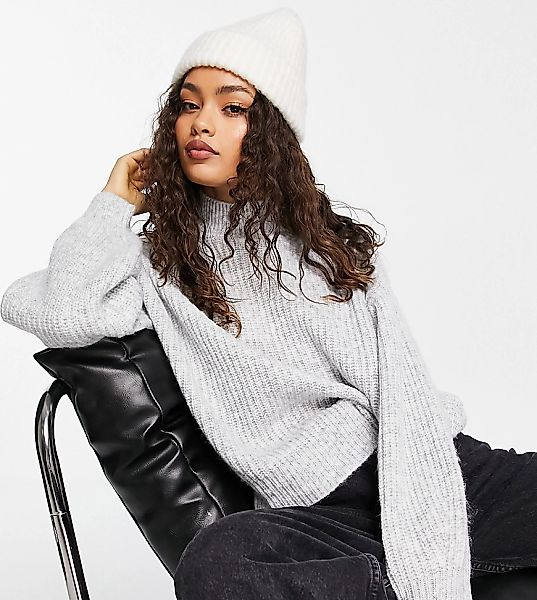 Topshop Petite – Pullover mit hohem Kragen und Waffeloptik in Grau günstig online kaufen