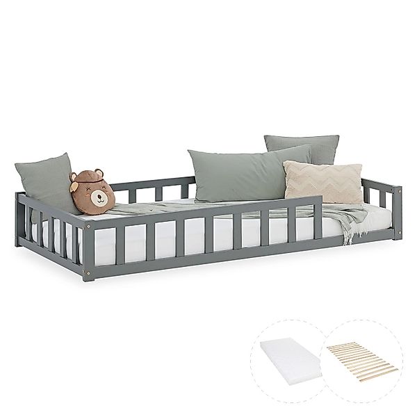 Homestyle4u Kinderbett Grau mit Rausfallschutz 90x200 Bodenbett Matratze 31 günstig online kaufen
