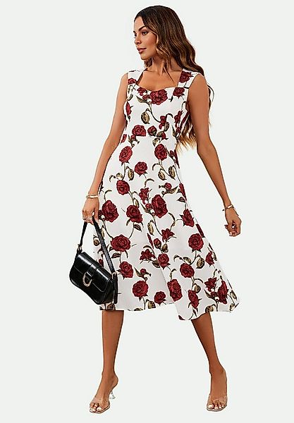 FS Collection Midikleid Damen Midikleid mit rotem Rosenmuster und Herzaussc günstig online kaufen