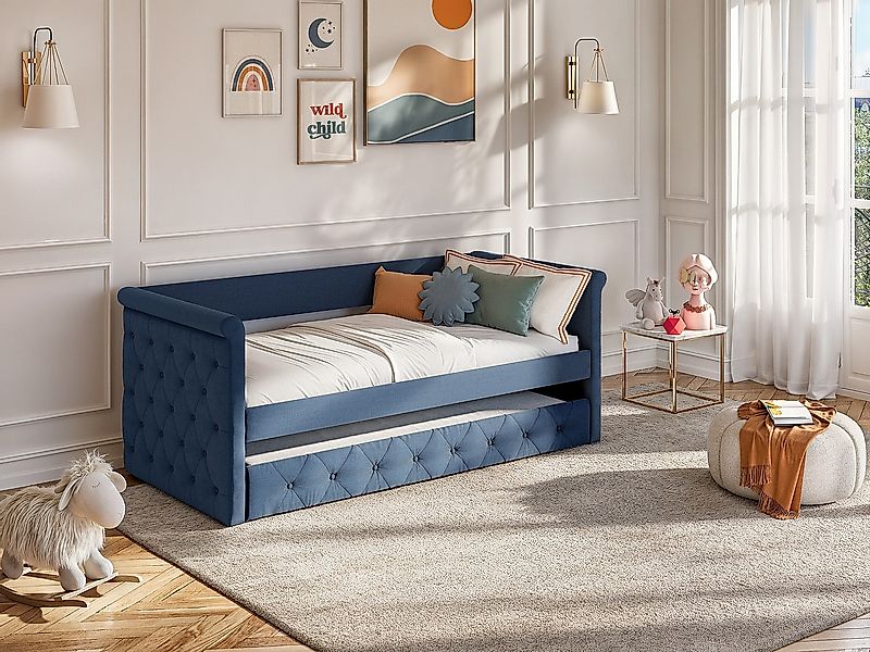 Ausziehbett - 2 x 90 x 190 cm - Stoff - Blau - LOUISE günstig online kaufen