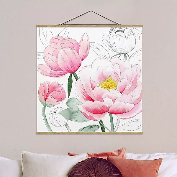 Stoffbild Blumen mit Posterleisten - Quadrat Zeichnung Rosa Päonien I günstig online kaufen
