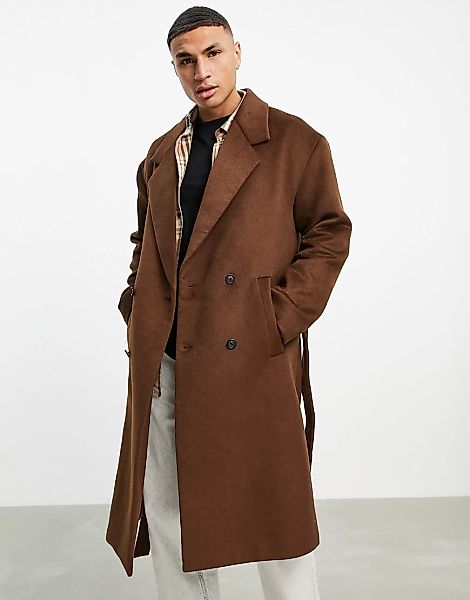 Topman – Mantel in Schokoladenbraun aus Wollmischung mit Gürtel-Neutral günstig online kaufen