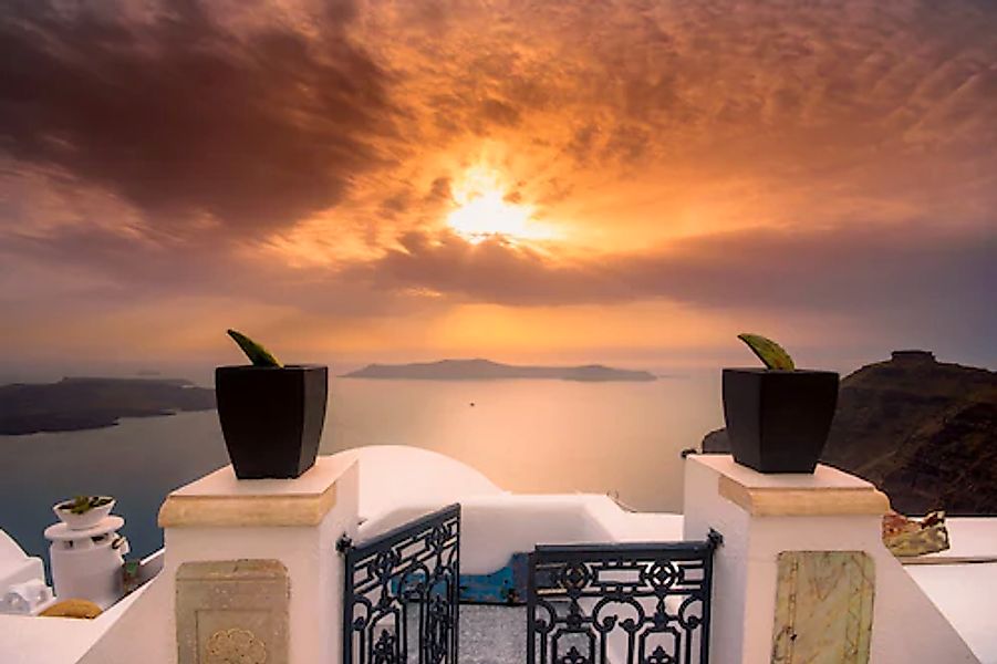 Papermoon Fototapete »TERRASSE-SANTORINI SEE MEER STRAND PALMEN DÜNEN SCHIF günstig online kaufen