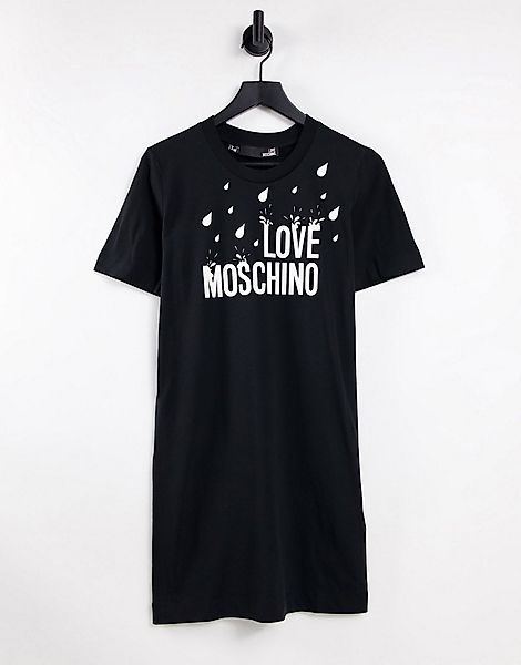 Love Moschino – T-Shirt-Kleid in Schwarz mit Regentropfen-Logoprint günstig online kaufen