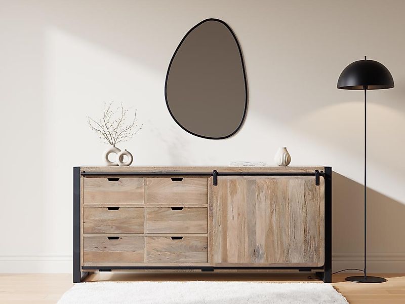 Sideboard mit 1 Tür & 6 Schubladen - Mangoholz & Metall - Holzfarben & Schw günstig online kaufen