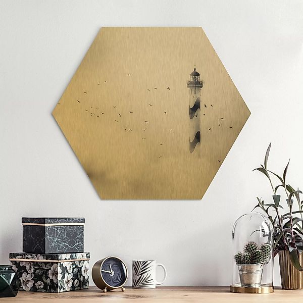 Hexagon-Alu-Dibond Bild Leuchtturm im Nebel günstig online kaufen