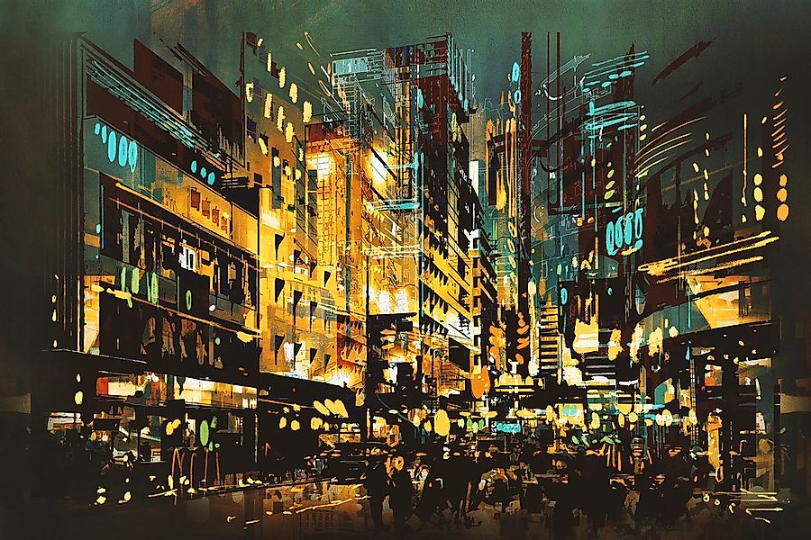 queence Leinwandbild "Beleuchtete Stadt" Amerika  Gebäude  Menschen  Städte günstig online kaufen