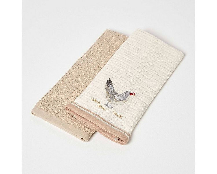 Homescapes Geschirrtuch 2er-Set Geschirrtücher Waffelpiqué mit Huhn-Motiv, günstig online kaufen