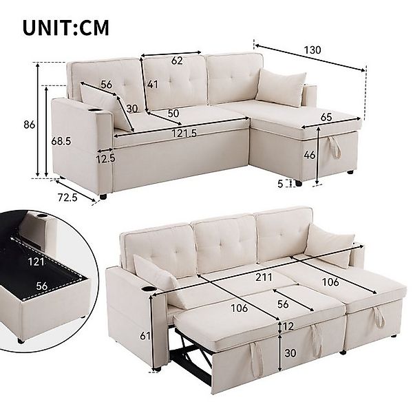 Ulife Schlafsofa Modernes L-Schlafsofa mit Staufach, Beidseitig nutzbarer L günstig online kaufen