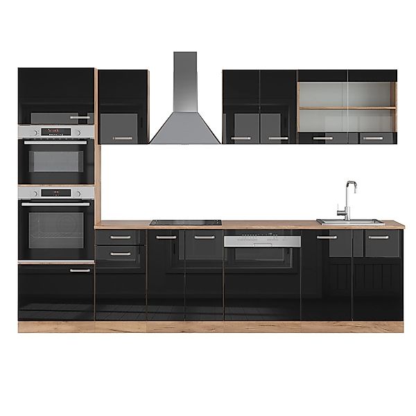 Vicco R-Line Küche Schwarz Hochglanz/Goldkraft Eiche 300 cm mit Hochschrank günstig online kaufen