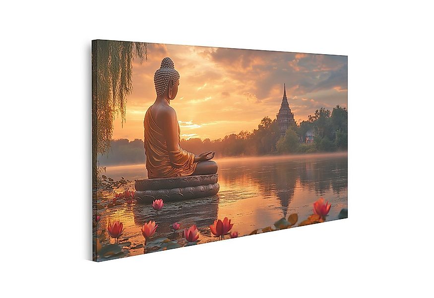 islandburner Leinwandbild Buddha am See bei Sonnenuntergang ruhige Lotusblü günstig online kaufen