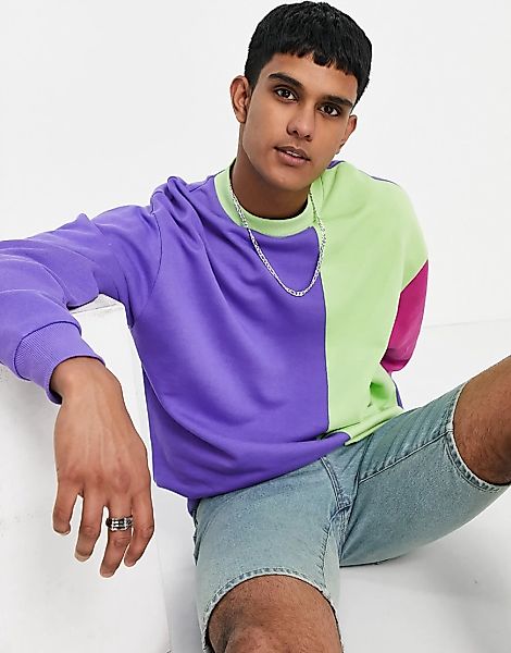 ASOS DESIGN – Oversize-Sweatshirt mit Farbblockdesign in Lila und Grün-Mehr günstig online kaufen