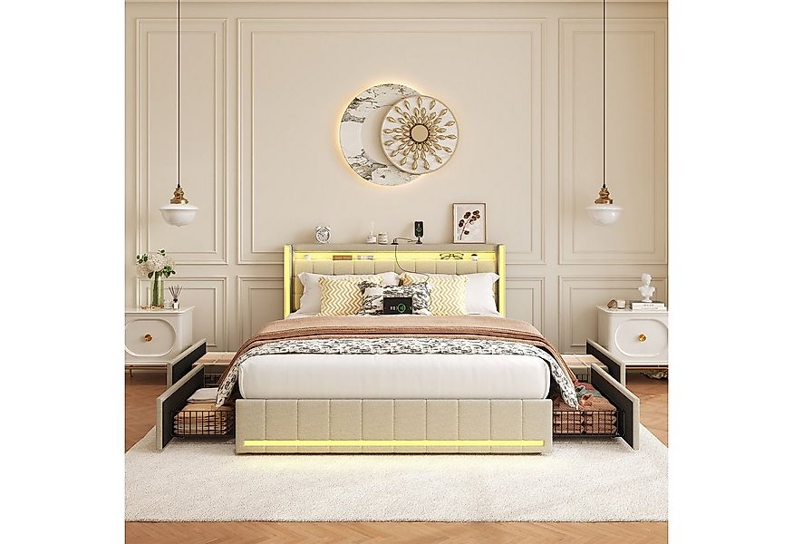 PXloue Polsterbett LED Doppelbett 140x200cm mit Ladefunktion und 4 Schublad günstig online kaufen