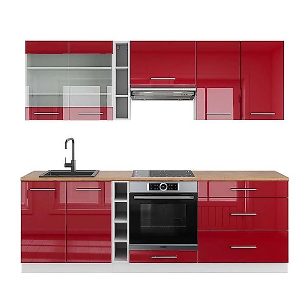 Vicco Fame-Line Küchenzeile Bordeaux Hochglanz/Weiß 235 cm AP Eiche günstig online kaufen