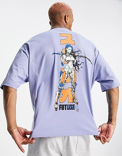 ASOS DESIGN – Oversize-T-Shirt aus Bio-Baumwollmix in Lila mit Anime-Rücken günstig online kaufen