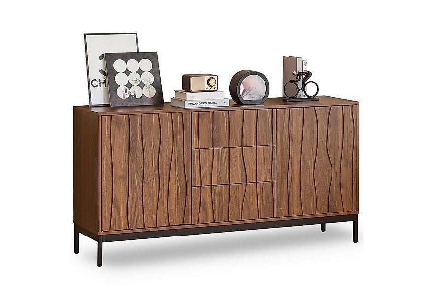Ulife Sideboard Dunkelbraun mit welligem 3D-Design, 2 Türen, 3 Schubladen ( günstig online kaufen
