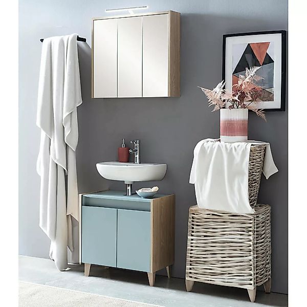 Waschbeckenunterschrank, 56,9cm, Spiegelschrank, taubenblau mit Eiche hell günstig online kaufen
