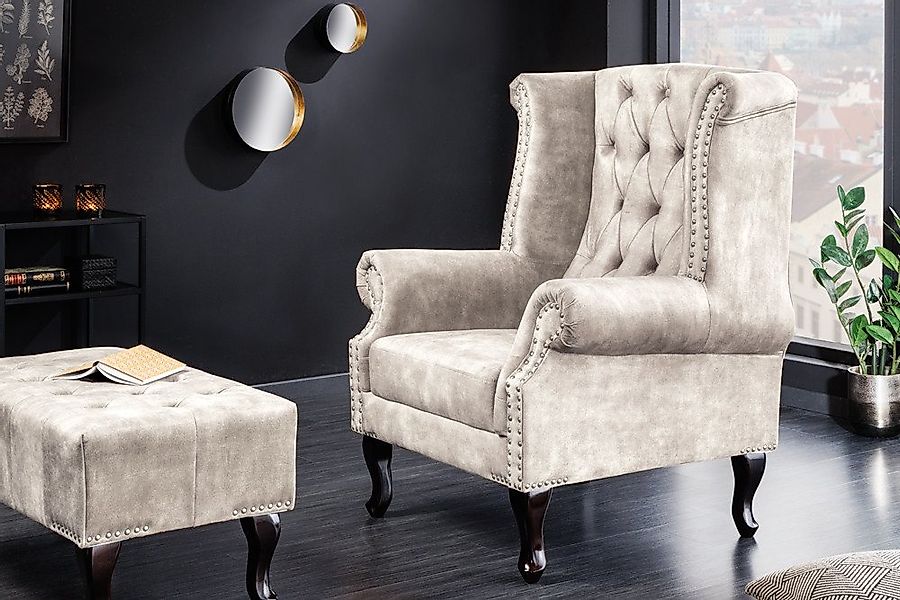 riess-ambiente Ohrensessel CHESTERFIELD 105cm champagner beige/silber- Samt günstig online kaufen