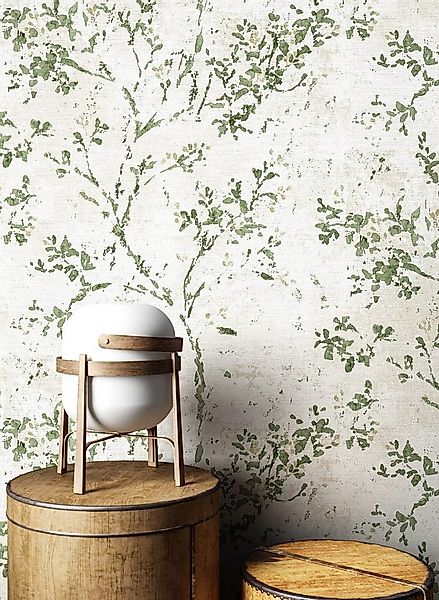 Newroom Vliestapete, Grün Tapete Floral Blätter - Vintage Blumentapete Beig günstig online kaufen
