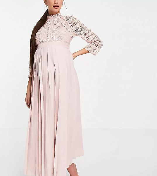Little Mistress Maternity – Midaxi-Kleid in Rosé mit Spitzenbesatz-Rosa günstig online kaufen