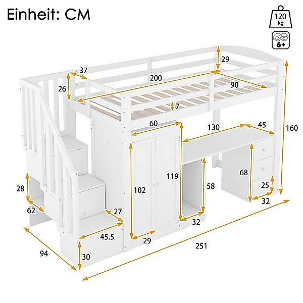 TavilaEcon Hochbett mit Kleiderschrank,Treppe und Schreibtisch mit Lattenro günstig online kaufen