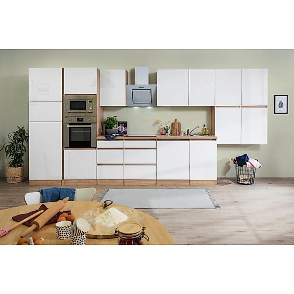 Respekta Premium Küchenzeile Grifflos 445 cm Weiß Hochglanz-Eiche Sägerau günstig online kaufen