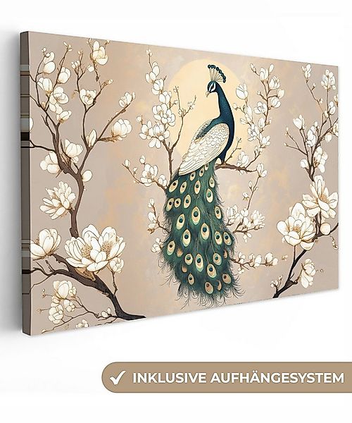 OneMillionCanvasses® Leinwandbild Pfau - Zweig - Blumen, Fotodruck (1 St), günstig online kaufen