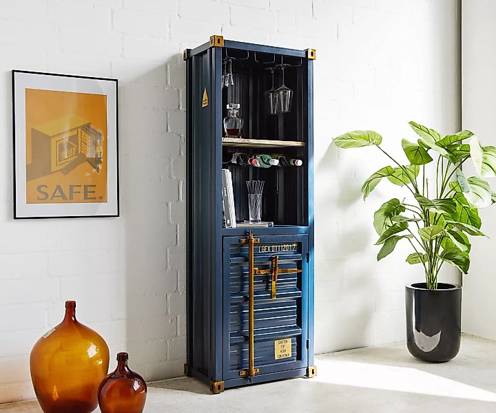 Bar Container 60x180 cm Metall Mangoholz Blau Gold günstig online kaufen
