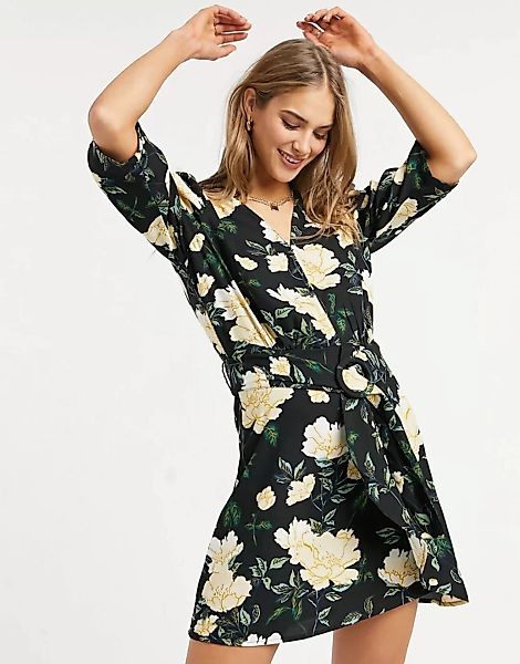 Only – Skater-Kleid mit 3/4-Ärmeln und weißem Blumenmuster-Mehrfarbig günstig online kaufen