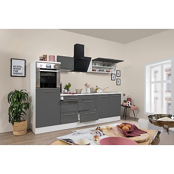 Respekta Premium Küchenzeile 270 cm Hochbau Grau Hochglanz-Weiß günstig online kaufen