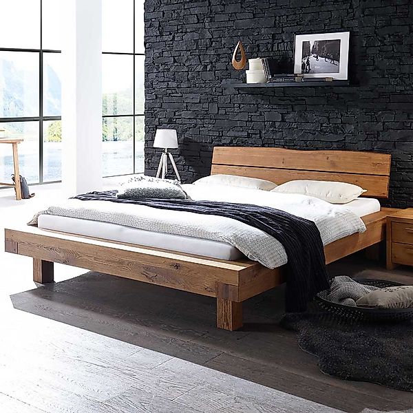 Doppelbett aus Wildeiche Massivholz Landhausstil günstig online kaufen