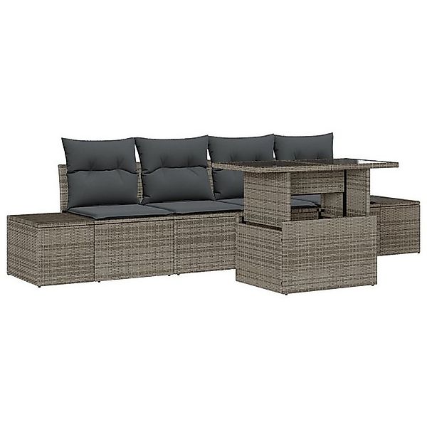 vidaXL Loungesofa 5-teiliges Garten-Sofa-Set mit Kissen Grau Poly Rattan, 5 günstig online kaufen