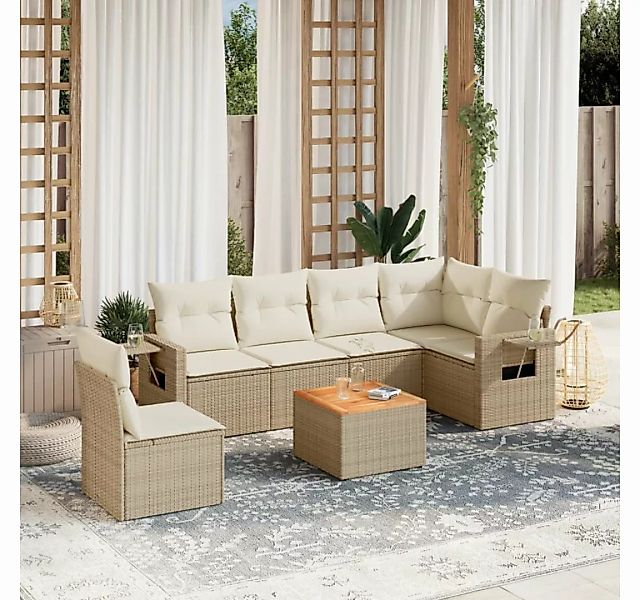 vidaXL Loungesofa 7-tlg. Garten-Sofagarnitur mit Kissen Beige Poly Rattan, günstig online kaufen