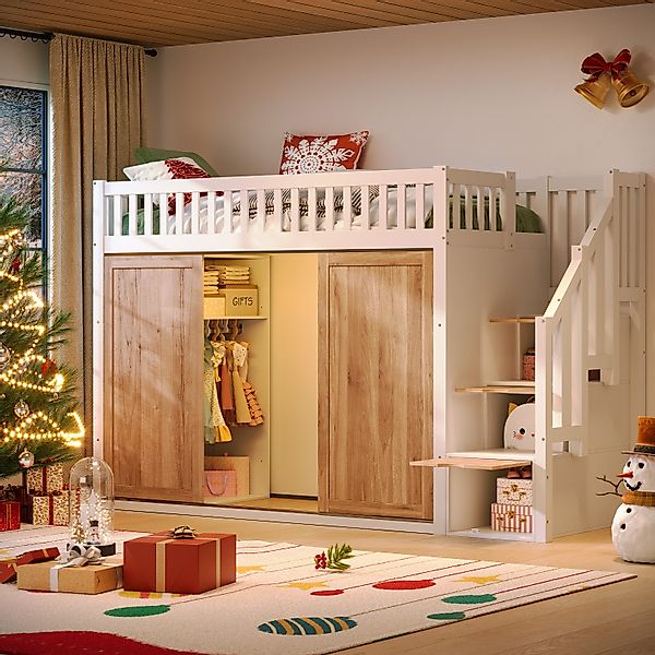 Flieks Hochbett Kinderbett 90x200cm mit LED-Beleuchtung günstig online kaufen