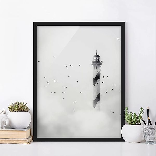 Bild mit Rahmen Strand - Hochformat Leuchtturm im Nebel günstig online kaufen