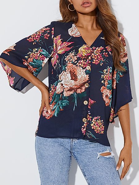 YOINS Bluse mit V-Ausschnitt und halben Ärmeln mit zufälligem Blumendruck günstig online kaufen
