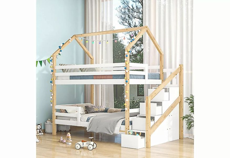 SOFTWEARY Etagenbett mit 2 Schlafgelegenheiten, Rollrost und Treppe (90x200 günstig online kaufen