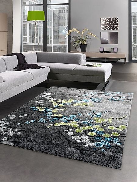 Carpetia Teppich Designer Teppich Kurzflor Wohnzimmerteppich Blumen grau tü günstig online kaufen